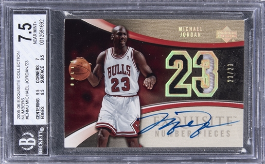 2005-06 UD "Exquisite Collection" Number Pieces Auto. #ENMJ Michael Jordan Signed Game Used Patch Card (#23/23) – BGS NM+ 7.5/BGS 10 – Jordans Jersey Number!